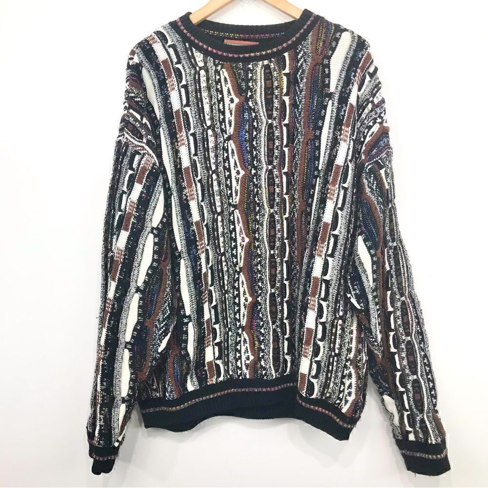 Currier & Branch Black White Brown Retro Pattern Crew Knit Pullover Dad Sweater